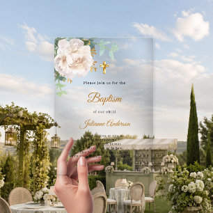 Witte bloem gouden kruis doop helder luxe acryl uitnodigingen