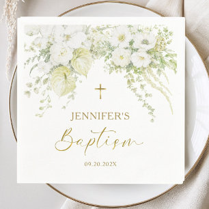 Witte Bloem Gouden Kruis Elegant Doop Papier Servet