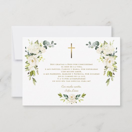 Witte bloem Gracias Con Oración Bautizo Bedankkaart (Voorkant)
