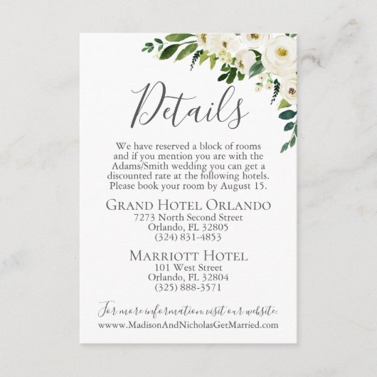 Witte Bloem Groen Bruiloft Details Kaart Inserts (Voorkant)