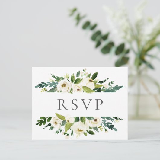 Witte Bloem & Groen Bruiloft RSVP Briefkaarten (Staand voorkant)