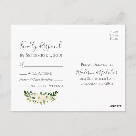Witte Bloem & Groen Bruiloft RSVP Briefkaarten (Achterkant)