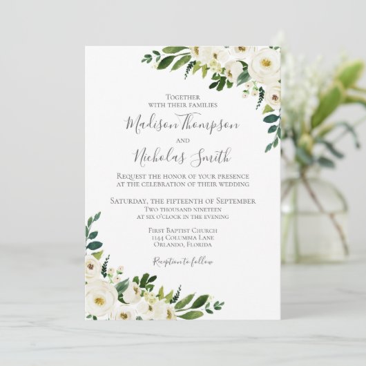 Witte Bloem Groen Bruiloft Uitnodiging Kaarten (Staand voorkant)