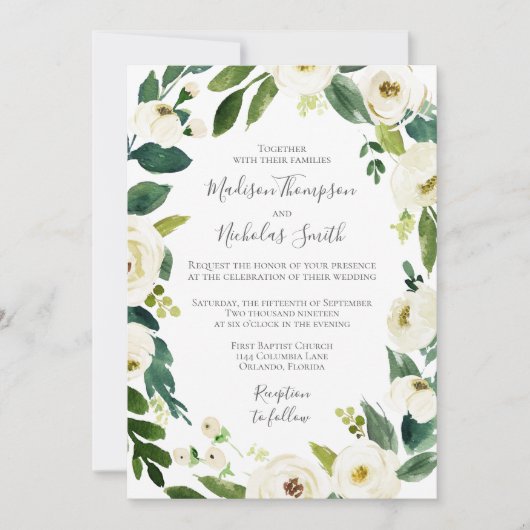 Witte Bloem Groen Krans Bruiloft Uitnodiging (Voorkant)