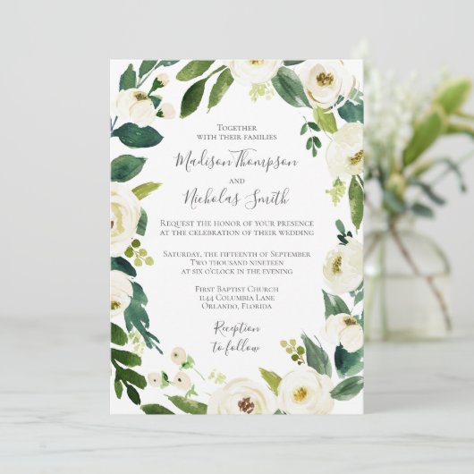 Witte Bloem Groen Krans Bruiloft Uitnodiging (Staand voorkant)