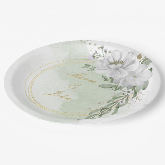 witte bloem groene bladeren gouden grot papieren bordje (Gekanteld)