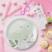 witte bloem groene bladeren groen papieren bordje (Feest)