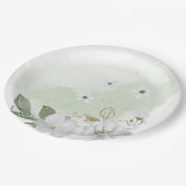 witte bloem groene bladeren groen papieren bordje (Gekanteld)