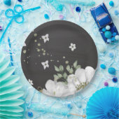 witte bloem groene bladeren zwarte bladeren papieren bordje (Feest)