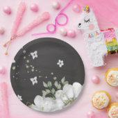 witte bloem groene bladeren zwarte bladeren papieren bordje (Feest)