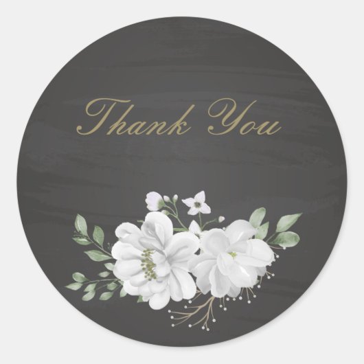 witte bloem groene bladeren zwarte vierkante stick ronde sticker (Voorkant)