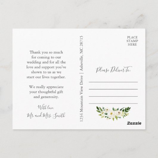 Witte Bloem Groene Bruiloft Dank u Briefkaarten (Achterkant)
