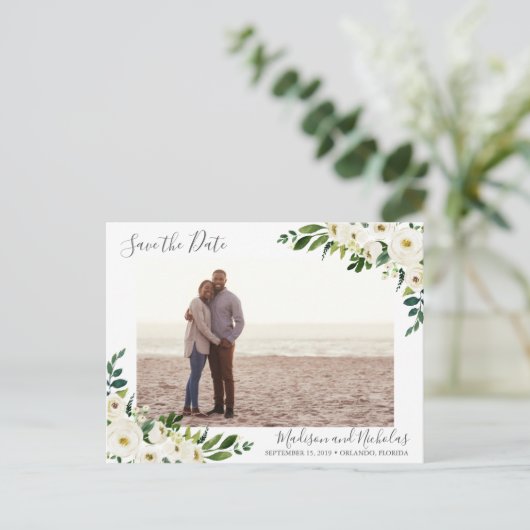 Witte Bloem & Groene Foto Sla de Datum Briefkaarte Briefkaart (Staand voorkant)