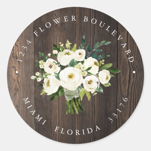 Witte Bloem Houten Boeket Rustiek Retouradres Ronde Sticker (Voorkant)