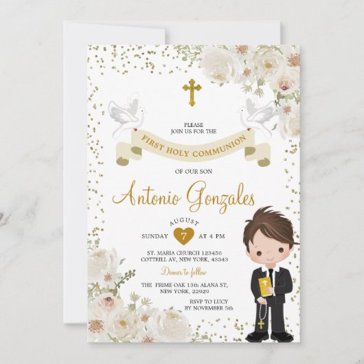 Witte Bloem Jongen Eerste Heilige Communie Gouden  Kaart (Voorkant)