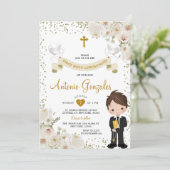 Witte Bloem Jongen Eerste Heilige Communie Gouden  Kaart (Staand voorkant)