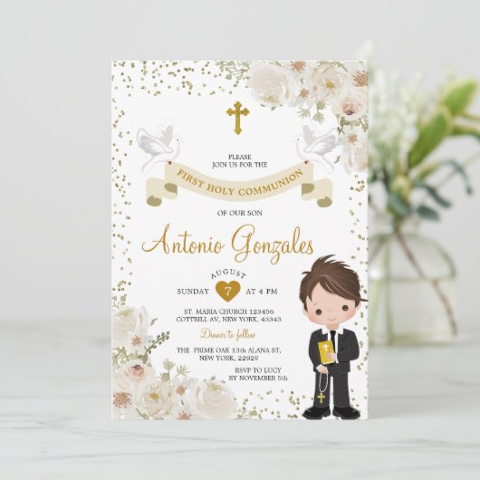 Witte Bloem Jongen Eerste Heilige Communie Gouden  Kaart (Staand voorkant)