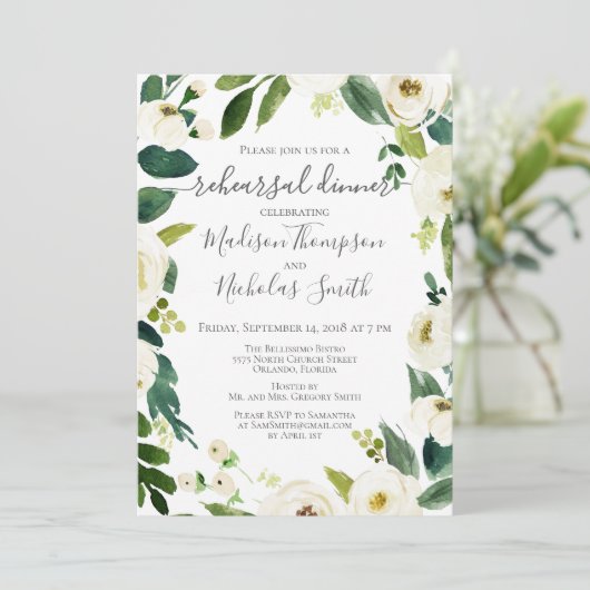 Witte Bloem Krans repetitie diner uitnodigingen (Staand voorkant)