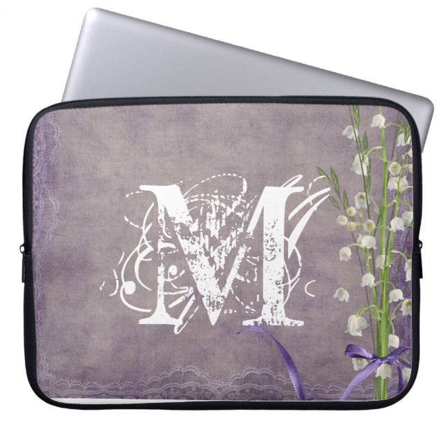 Witte Bloem Land Kant Monogram 15" Laptop Hoesje Laptop Sleeve (Voorkant)