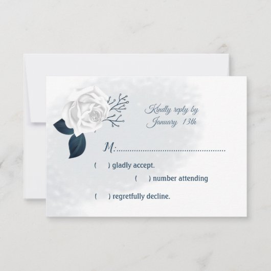 Witte bloem & marine bladeren RSVP kaartje (Voorkant)