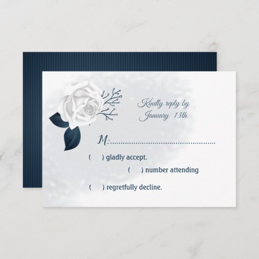 Witte bloem & marine bladeren RSVP kaartje (Voorkant / Achterkant)