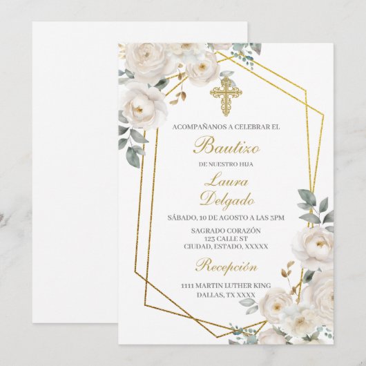 Witte bloem met lijst Doopuitnodiging Kaart (Voorkant / Achterkant)