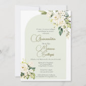 Witte bloem met lijst Quinceanera uitnodiging (Voorkant)