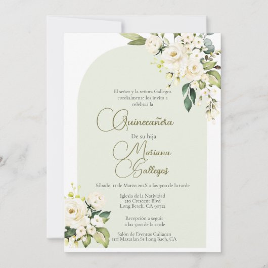 Witte bloem met lijst Quinceanera uitnodiging (Voorkant)