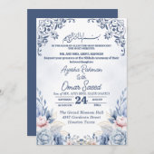 Witte bloem Nikkah blauwe witte uitnodiging (Voorkant / Achterkant)