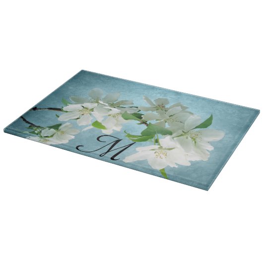 Witte Bloem op Blauw Monogram Glas Snijplank (Hoek)