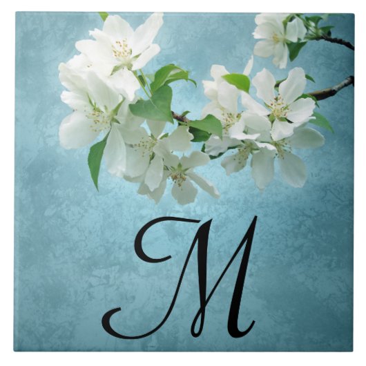 Witte bloem op Blue Sky Monogram Display Tegel Tegeltje (Voorkant)