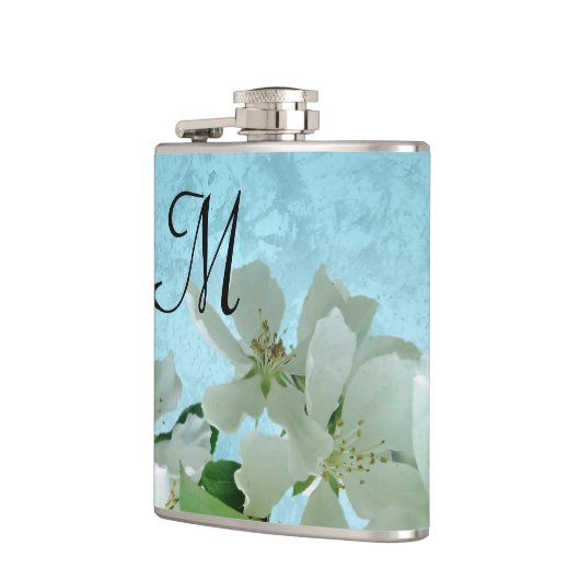 Witte Bloem op Blue Sky Monogram Whiskey Flask Heupfles (Links)