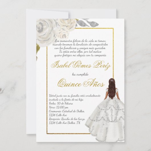 Witte bloem Quince uitnodiging in het Spaans (Voorkant)