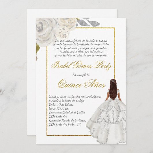 Witte bloem Quince uitnodiging in het Spaans (Voorkant / Achterkant)