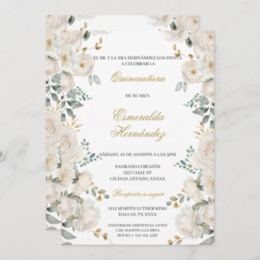 Witte bloem quinceañera kaart (Voorkant / Achterkant)