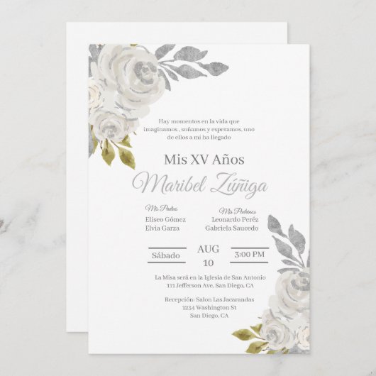 Witte bloem Quinceanera uitnodiging (Voorkant / Achterkant)