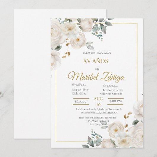 Witte bloem Quincuitnodiging Kaart (Voorkant / Achterkant)