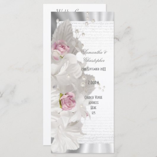 Witte bloem roze roos kerk huwelijksprogramma programmakaart (Voorkant / Achterkant)