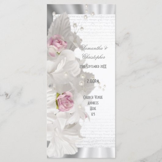 Witte bloem roze roos kerk huwelijksprogramma programmakaart (Voorkant)