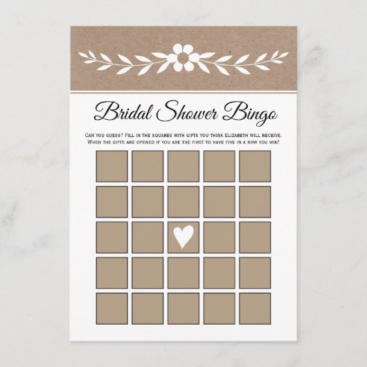 Witte bloem, rustieke kraftpapier bruids bingokaar informatiekaartje (Voorkant)