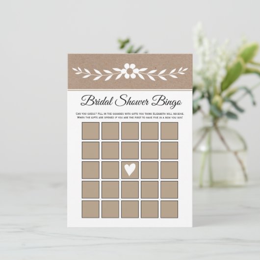 Witte bloem, rustieke kraftpapier bruids bingokaar informatiekaartje (Staand voorkant)