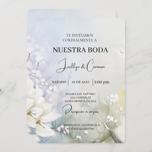 Witte bloem Spaanse bruiloft uitnodiging (Voorkant / Achterkant)