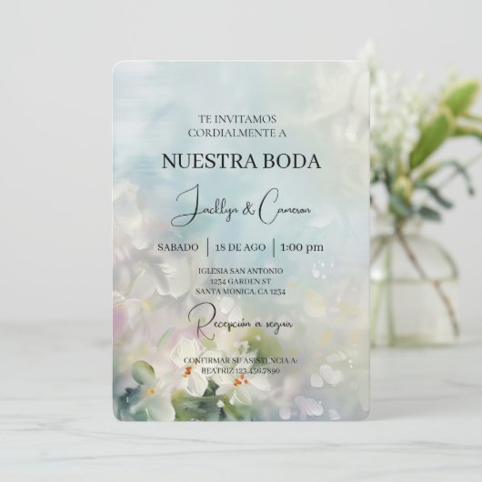 Witte bloem Spaanse bruiloft uitnodiging (Staand voorkant)