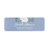 Witte Bloem Stoffig Blauw Bruiloft Etiket (Voorkant)