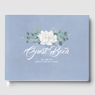 Witte Bloem Stoffig Blauw Bruiloft Gastenboek