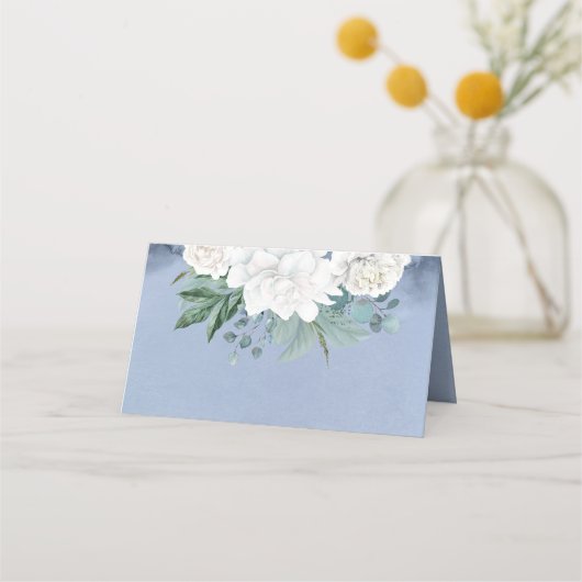 Witte Bloem Stoffig Blauw Elegant Plaatskaartje (Achterkant)