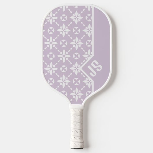 Witte Bloem Tegelpatroon op Roze Rand Monogram Pickleball Paddle (Voorkant)