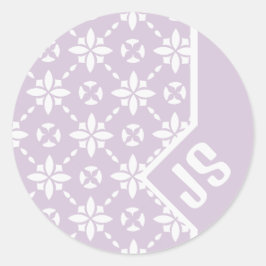 Witte Bloem Tegelpatroon op Roze Rand Monogram Ronde Sticker