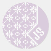 Witte Bloem Tegelpatroon op Roze Rand Monogram Ronde Sticker (Voorkant)