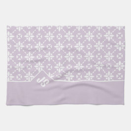 Witte Bloem Tegelpatroon op Roze Rand Monogram Theedoek